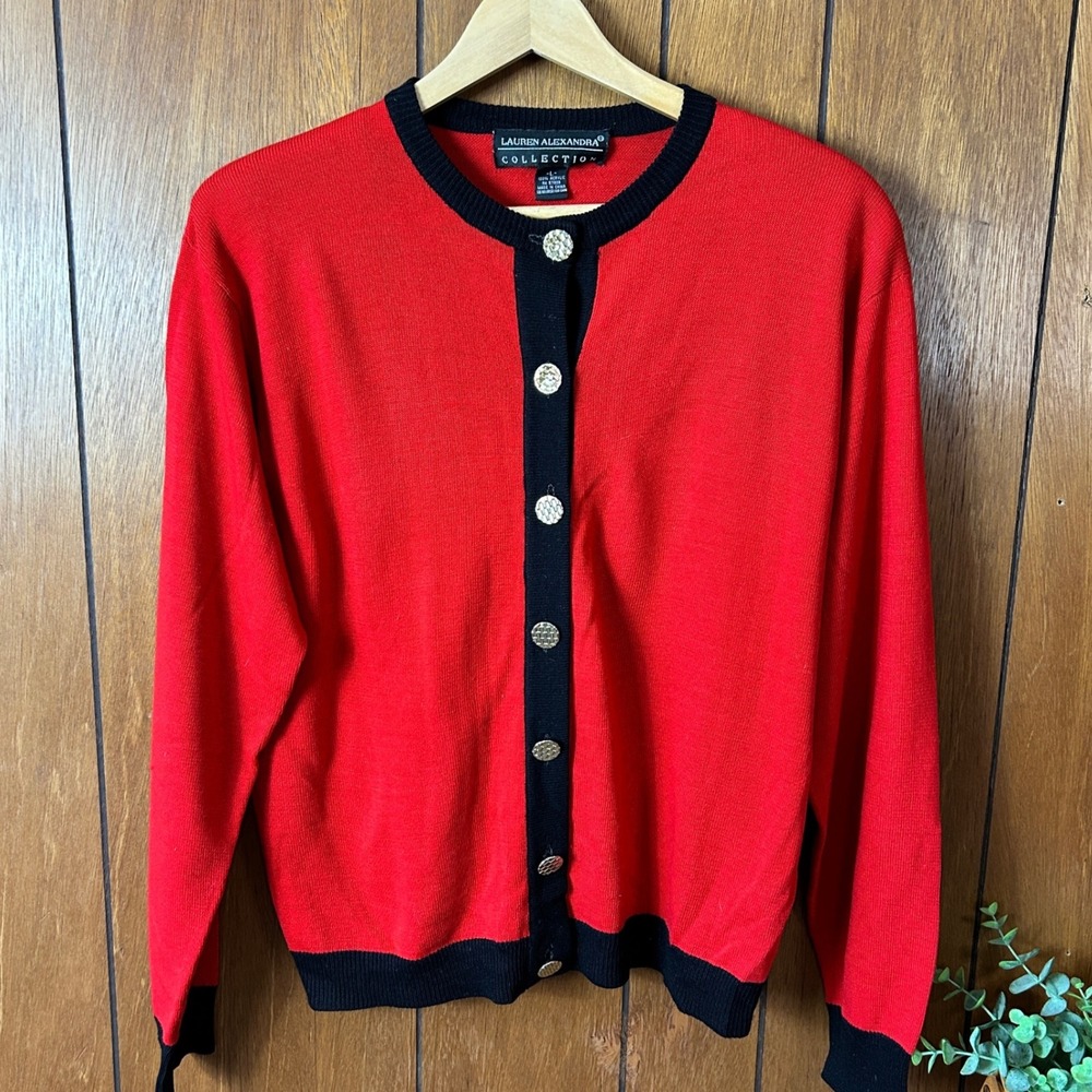 Vintage Lauren Alexandra Collection Red Black Crew Neck Cardigan Old Money